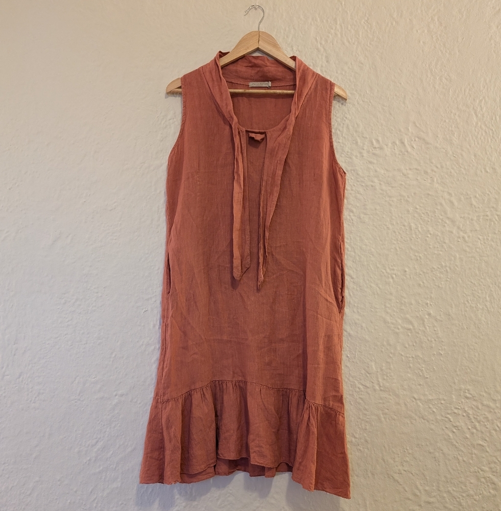 Stella Martini I Sleeveless 100% Linen Pink-Rust Dress with Ruffle Hem